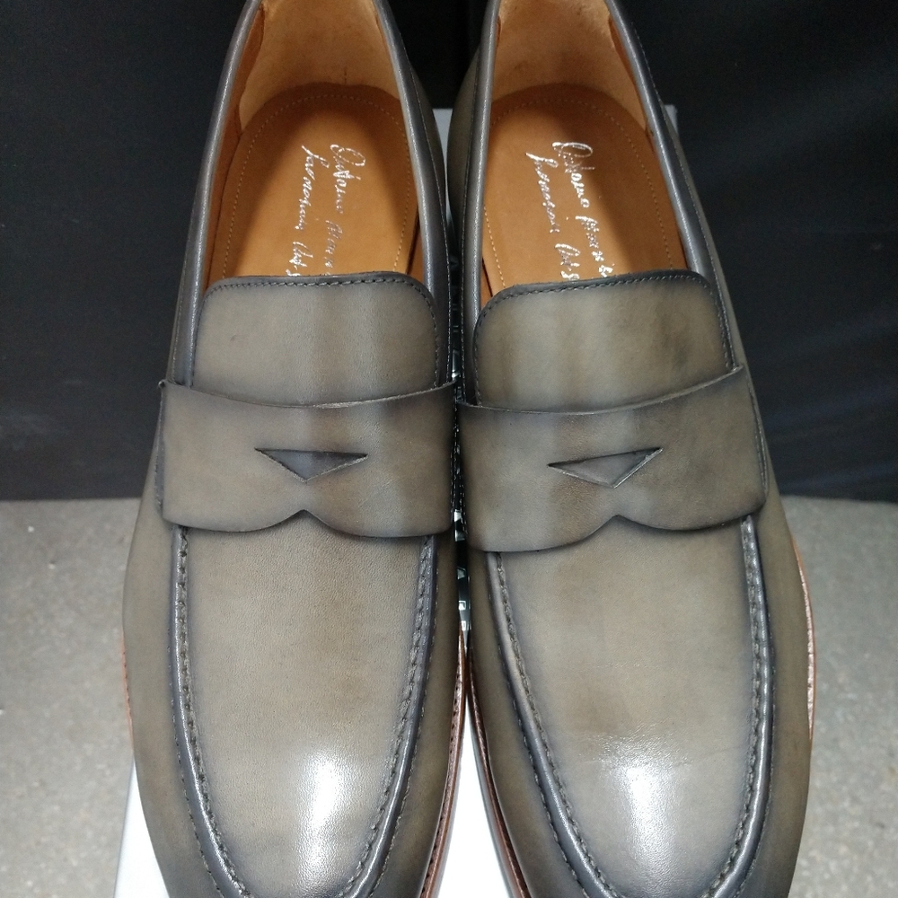 Gray smooth leather penny loafers